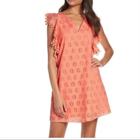 Lilly Pulitzer Astara Dress in Peach Flamingo Lilly Palm Tree Eyelet Size XXS - Picture 2 of 9